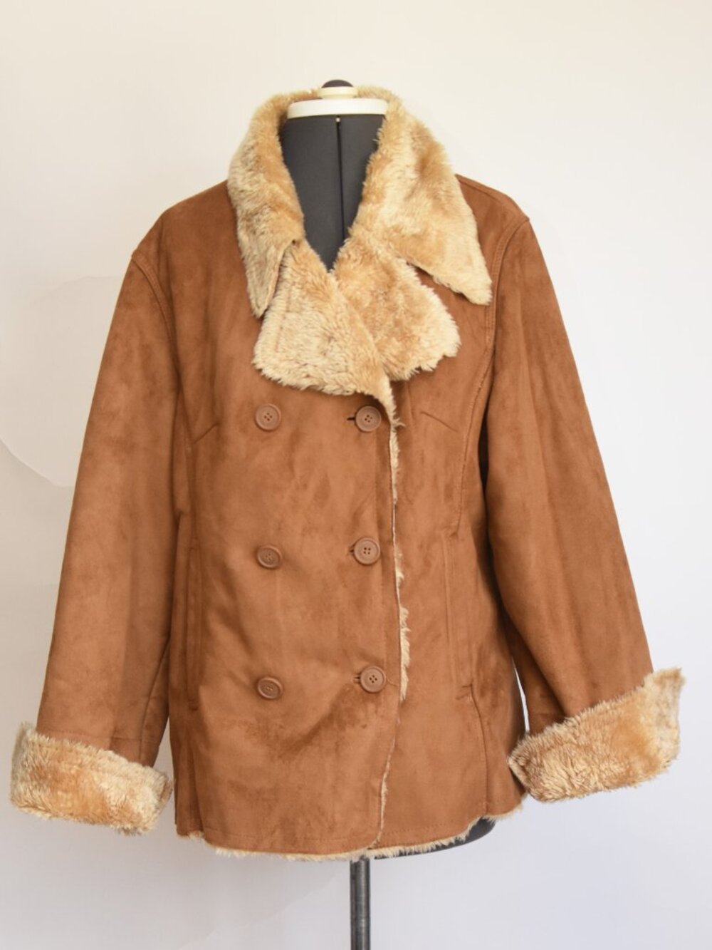 Columbia Faux Suede Shearling Double Breasted Peacoat Jacket Tan XL
